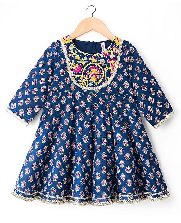 Babyhug Cotton Woven Three Fourth Sleeves Kurta & Palazo Set With Dupatta - Navy Blue