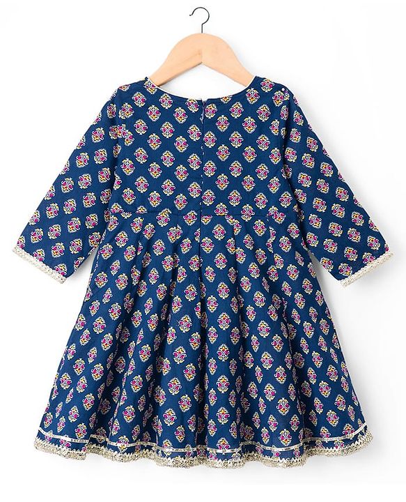 Babyhug Cotton Woven Three Fourth Sleeves Kurta & Palazo Set With Dupatta - Navy Blue