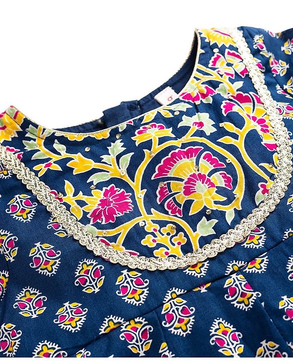 Babyhug Cotton Woven Three Fourth Sleeves Kurta & Palazo Set With Dupatta - Navy Blue