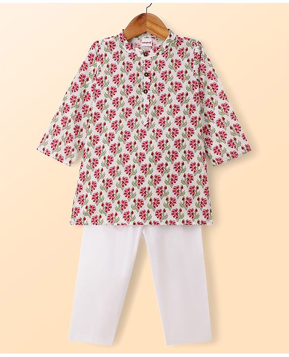 Babyhug Cambric Woven Full Sleeves Kurta Pyjama Set With Floral Print - White