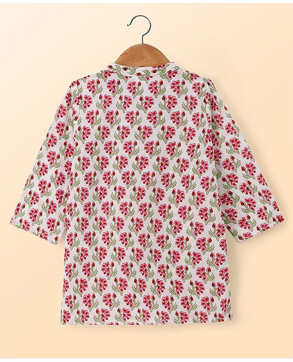 Babyhug Cambric Woven Full Sleeves Kurta Pyjama Set With Floral Print - White