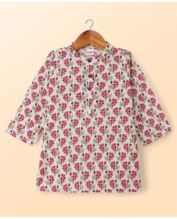 Babyhug Cambric Woven Full Sleeves Kurta Pyjama Set With Floral Print - White