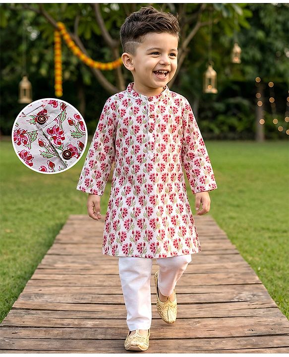 Babyhug Cambric Woven Full Sleeves Kurta Pyjama Set With Floral Print - White