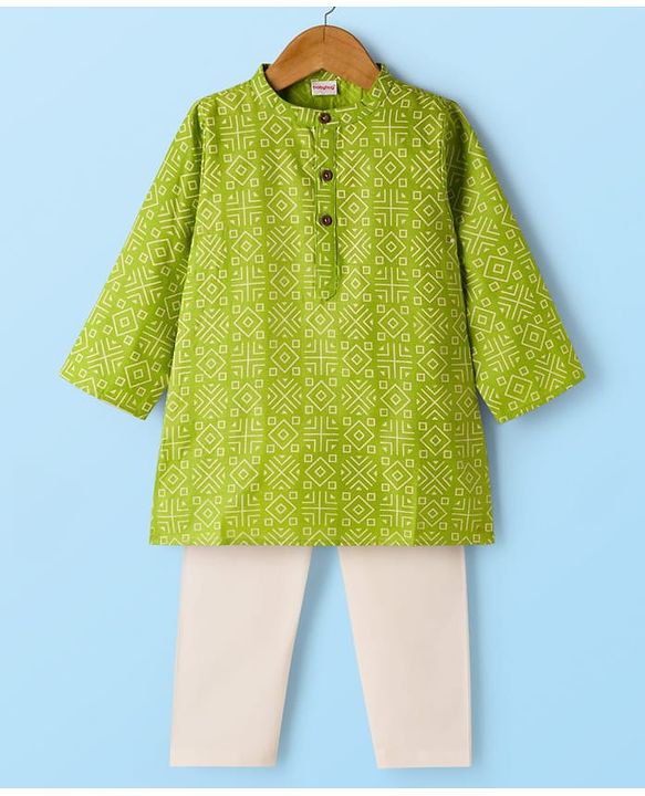 Babyhug Cambric Woven Full Sleeves Kurta Pajama Set with Abstract Print - Green