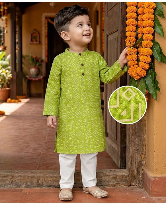 Babyhug Cambric Woven Full Sleeves Kurta Pajama Set with Abstract Print - Green