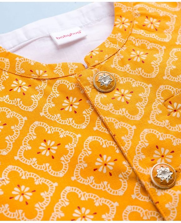 Babyhug Cambric Woven Full Sleeves Kurta Pajama Set with Jacket & Motif Print - Yellow & White