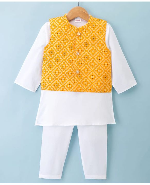 Babyhug Cambric Woven Full Sleeves Kurta Pajama Set with Jacket & Motif Print - Yellow & White