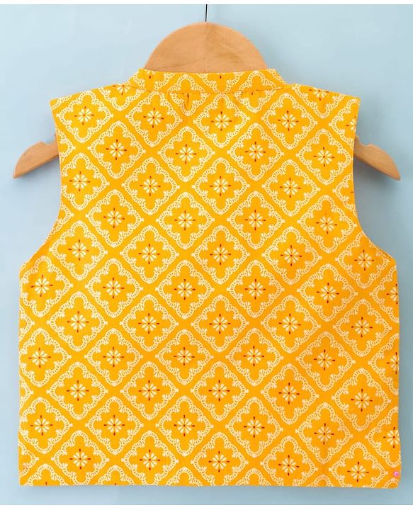 Babyhug Cambric Woven Full Sleeves Kurta Pajama Set with Jacket & Motif Print - Yellow & White
