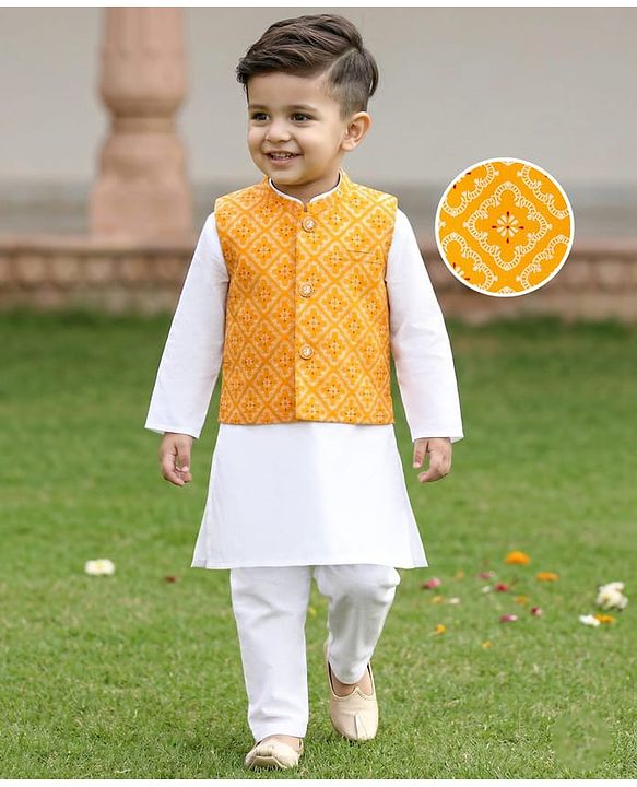 Babyhug Cambric Woven Full Sleeves Kurta Pajama Set with Jacket & Motif Print - Yellow & White