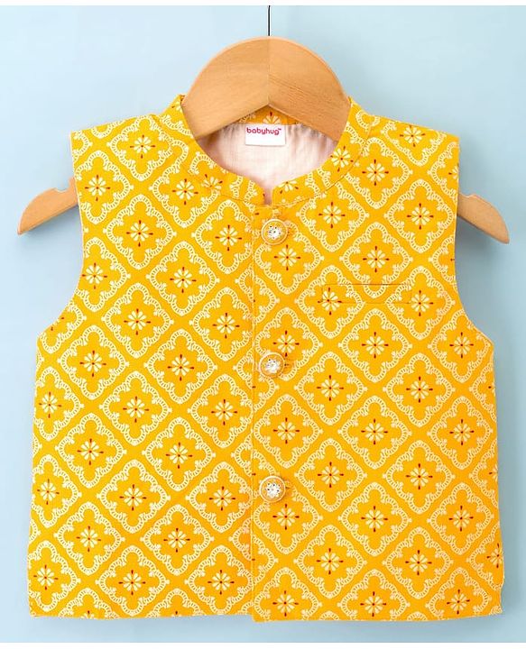 Babyhug Cambric Woven Full Sleeves Kurta Pajama Set with Jacket & Motif Print - Yellow & White