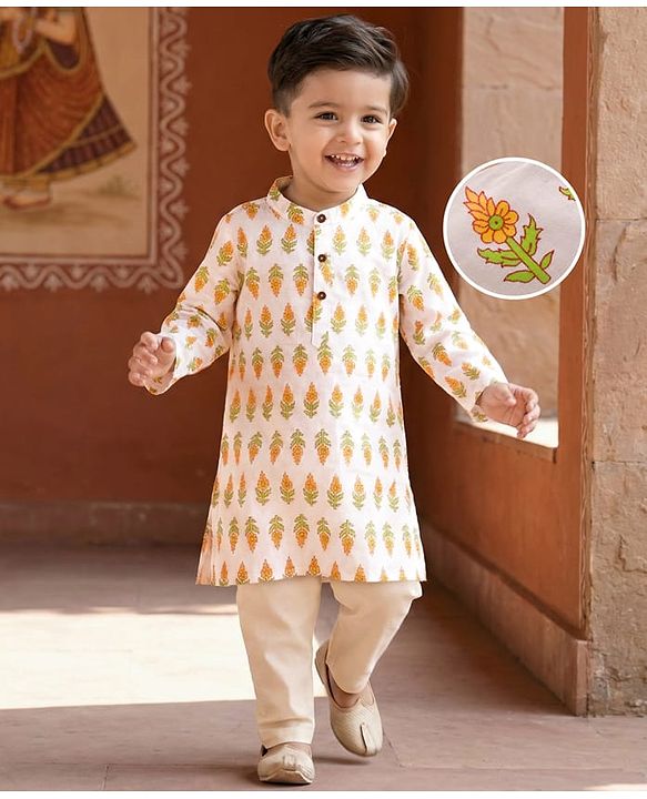 Babyhug Cambric Woven Full Sleeves Kurta Pajama Set with Floral Print - White