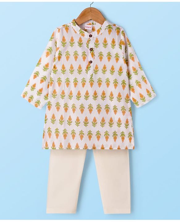 Babyhug Cambric Woven Full Sleeves Kurta Pajama Set with Floral Print - White