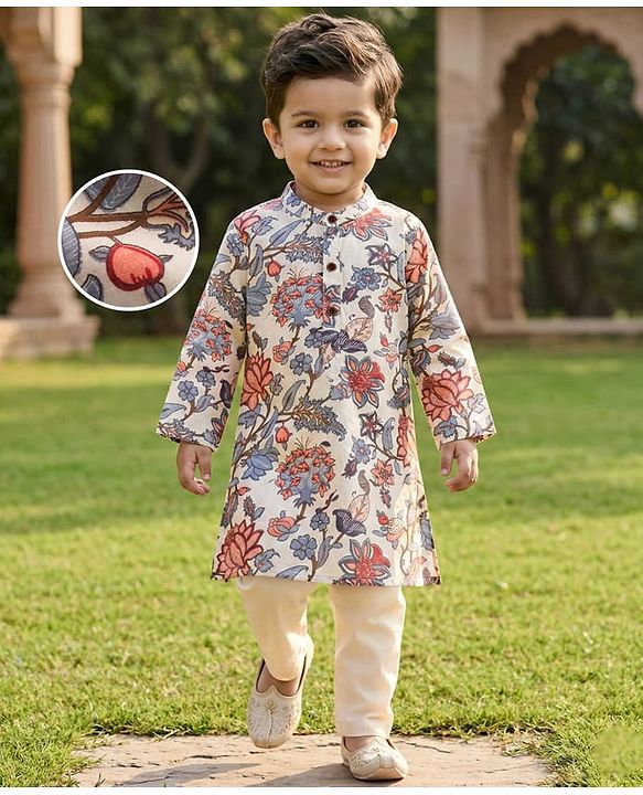 Babyhug Cambric Woven Full Sleeves Kurta Dhoti Set with Floral Print - Off White