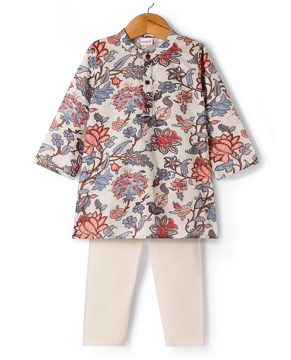 Babyhug Cambric Woven Full Sleeves Kurta Dhoti Set with Floral Print - Off White
