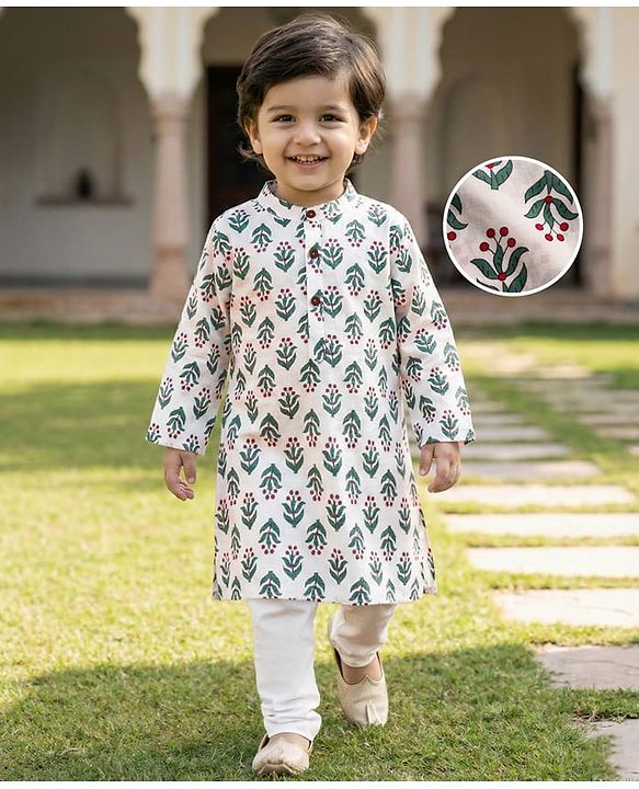 Babyhug Cambric Woven Full Sleeves Kurta Pajama Set with Floral Print - White