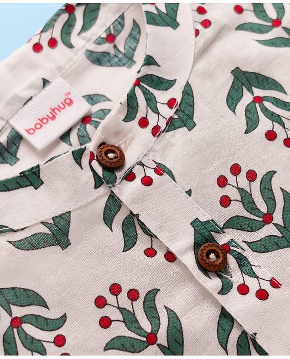 Babyhug Cambric Woven Full Sleeves Kurta Pajama Set with Floral Print - White