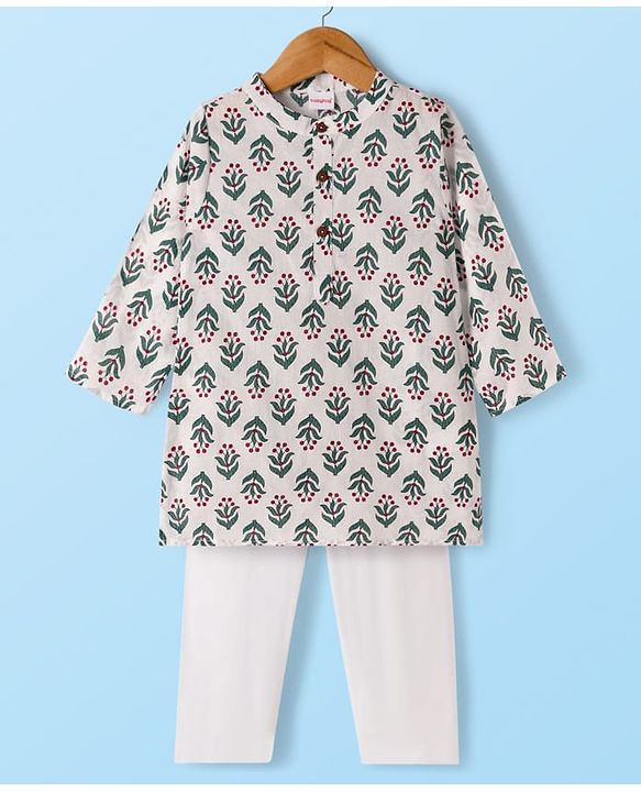 Babyhug Cambric Woven Full Sleeves Kurta Pajama Set with Floral Print - White