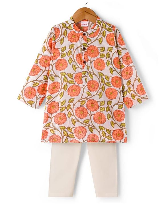 Babyhug Cambric Woven Full Sleeves Kurta Dhoti Set with Floral Print - Off White