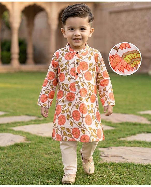 Babyhug Cambric Woven Full Sleeves Kurta Dhoti Set with Floral Print - Off White