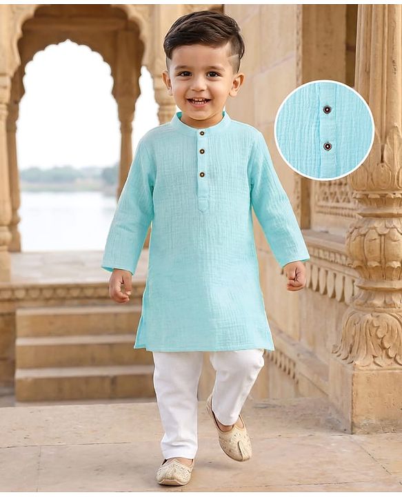 Babyhug 100% Cotton Woven Full Sleeves Goss Solid Kurta & Pyjama Set - Light Blue & White