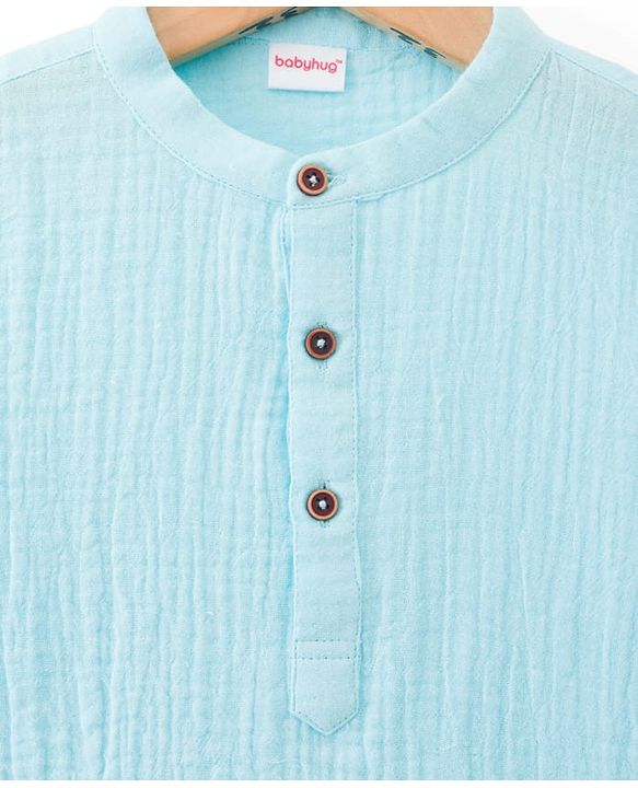 Babyhug 100% Cotton Woven Full Sleeves Goss Solid Kurta & Pyjama Set - Light Blue & White