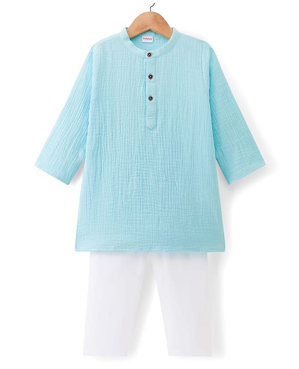Babyhug 100% Cotton Woven Full Sleeves Goss Solid Kurta & Pyjama Set - Light Blue & White