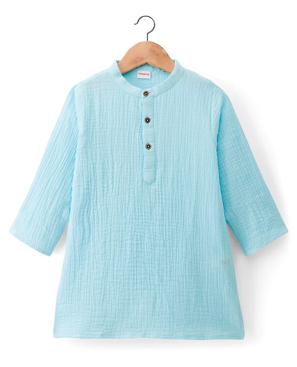 Babyhug 100% Cotton Woven Full Sleeves Goss Solid Kurta & Pyjama Set - Light Blue & White