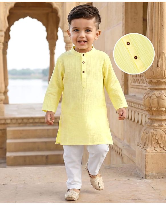 Babyhug 100% Cotton Woven Full Sleeves Goss Solid Kurta & Pyjama Set - Yellow