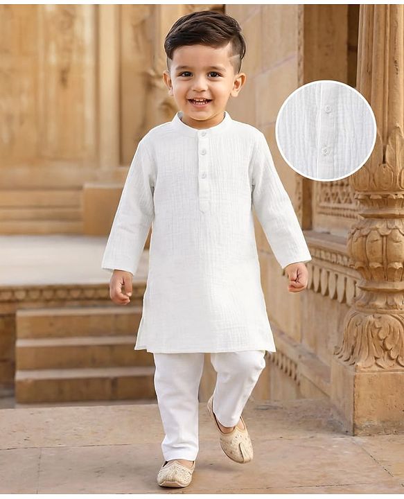 Babyhug 100% Cotton Woven Full Sleeves Goss Solid Kurta & Pyjama Set - White