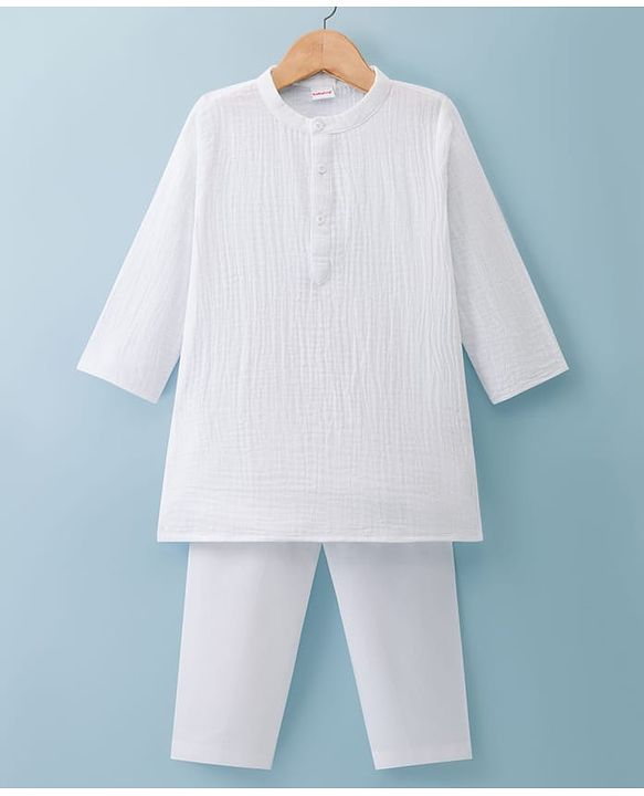 Babyhug 100% Cotton Woven Full Sleeves Goss Solid Kurta & Pyjama Set - White