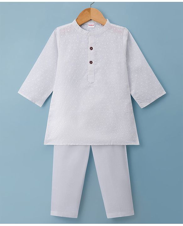 Babyhug Cambric Woven Full Sleeves Imbossed Printed Kurta Pajama Set - White