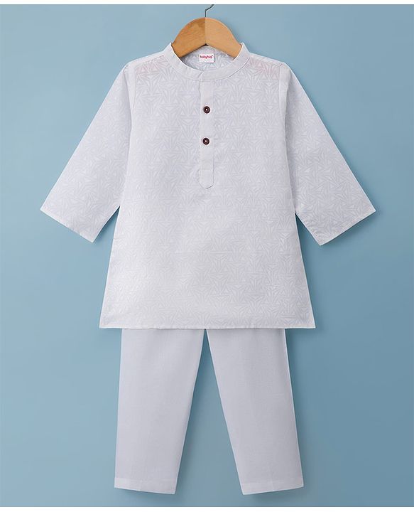 Babyhug Cambric Woven Full Sleeves Imbossed Printed Kurta Pajama Set - White