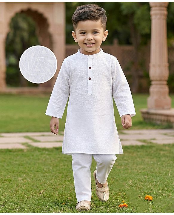 Babyhug Cambric Woven Full Sleeves Imbossed Printed Kurta Pajama Set - White