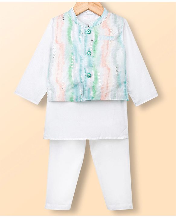 Babyhug Cambric Woven Full Sleeves Kurta Pyjama Set With Printed Nehru Jacket - White