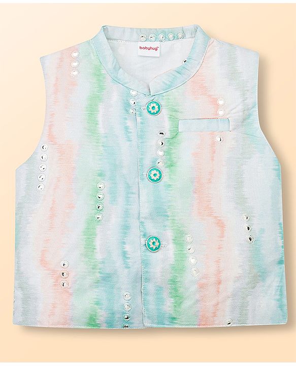 Babyhug Cambric Woven Full Sleeves Kurta Pyjama Set With Printed Nehru Jacket - White