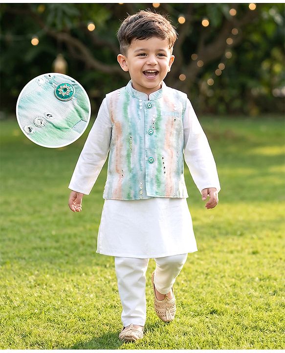 Babyhug Cambric Woven Full Sleeves Kurta Pyjama Set With Printed Nehru Jacket - White