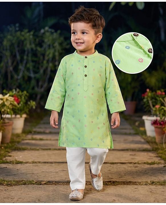 Babyhug 100% Cotton Woven  Cambric Full Sleeves Floral Embroidered Kurta Pyjama Set - Light Green