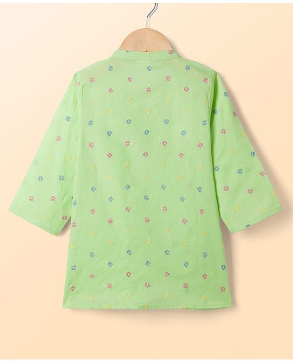 Babyhug 100% Cotton Woven  Cambric Full Sleeves Floral Embroidered Kurta Pyjama Set - Light Green