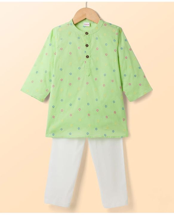 Babyhug 100% Cotton Woven  Cambric Full Sleeves Floral Embroidered Kurta Pyjama Set - Light Green