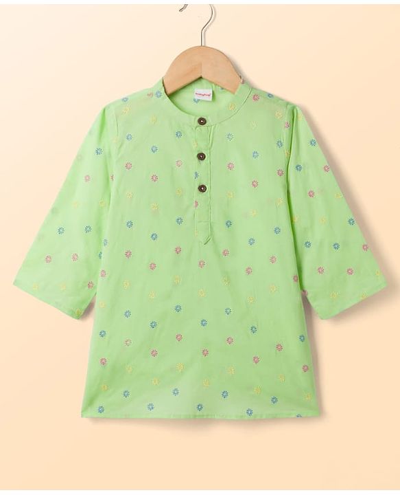 Babyhug 100% Cotton Woven  Cambric Full Sleeves Floral Embroidered Kurta Pyjama Set - Light Green
