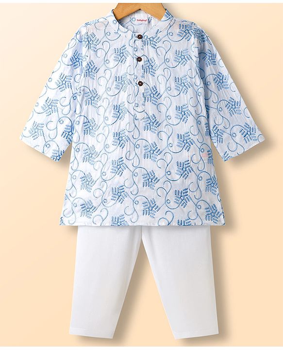 Babyhug Cambric Woven Full Sleeves Embroidered Kurta & Pyjama Set - White
