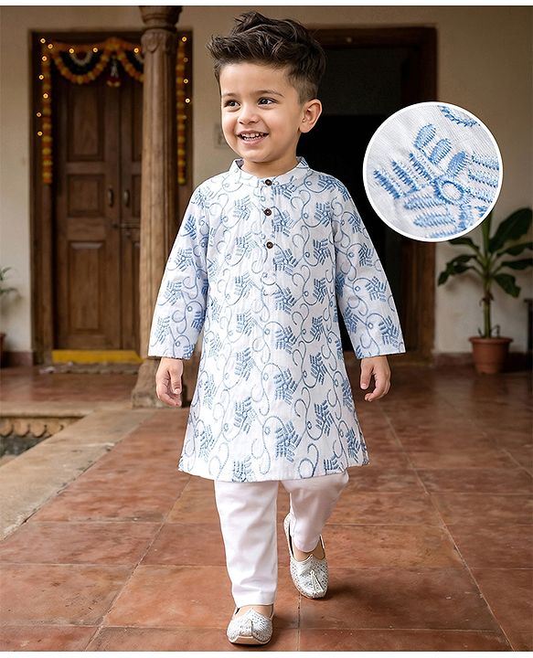 Babyhug Cambric Woven Full Sleeves Embroidered Kurta & Pyjama Set - White