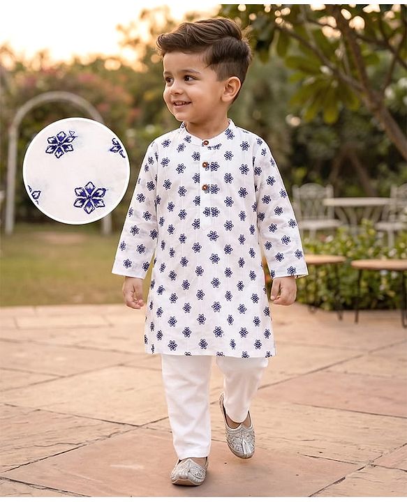 Babyhug Cambric Woven Full Sleeves Floral Printed Kurta Pyjama Set - White