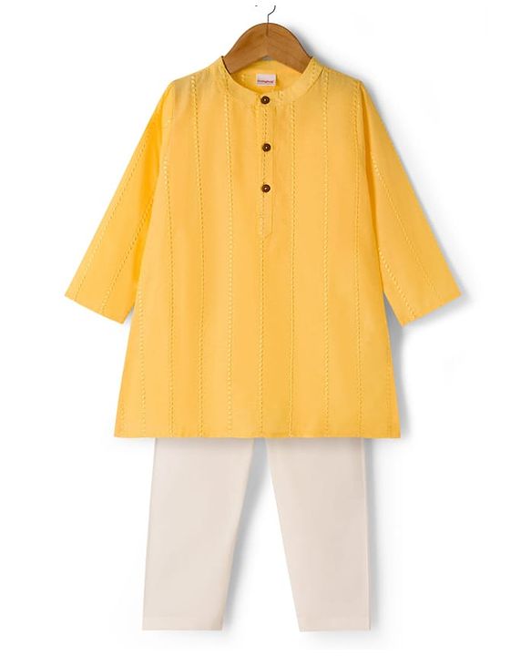 Babyhug 100% Cotton Woven   Cambric Full Sleeves  Embroidered Kurta & Pyjama Set - Yellow