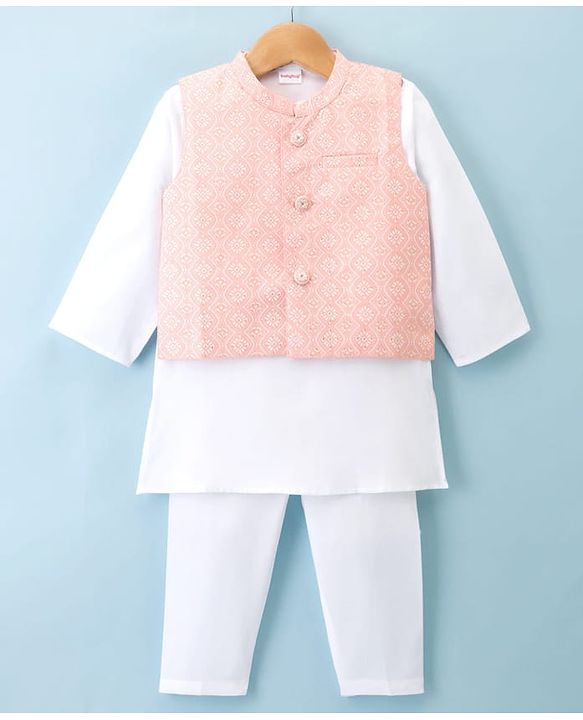 Babyhug Cambric Woven Full Sleeves Kurta Pajama Set with Jacket & Motif Print- Pink & White