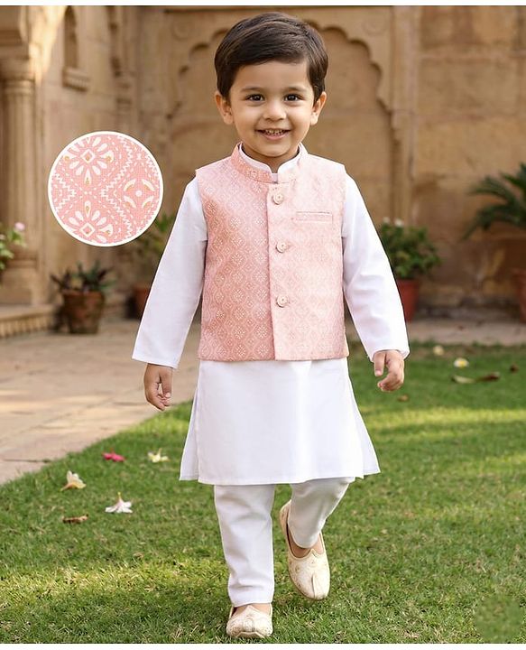 Babyhug Cambric Woven Full Sleeves Kurta Pajama Set with Jacket & Motif Print- Pink & White