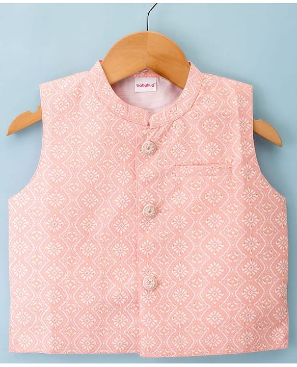 Babyhug Cambric Woven Full Sleeves Kurta Pajama Set with Jacket & Motif Print- Pink & White