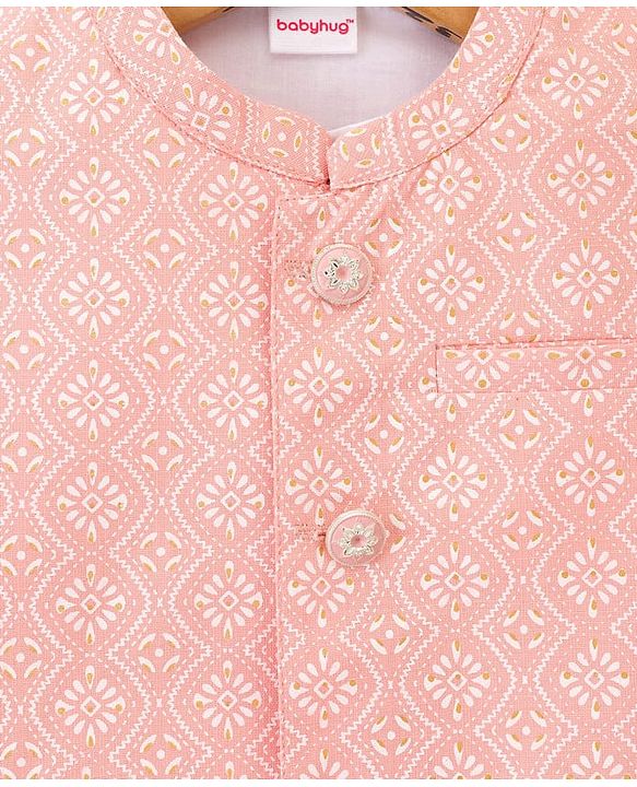 Babyhug Cambric Woven Full Sleeves Kurta Pajama Set with Jacket & Motif Print- Pink & White
