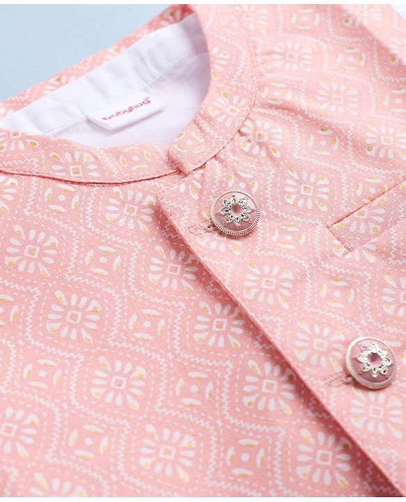 Babyhug Cambric Woven Full Sleeves Kurta Pajama Set with Jacket & Motif Print- Pink & White