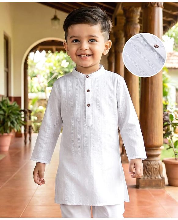 Babyhug 100% Cotton Dobby Woven Full Length Solid Kurta - White